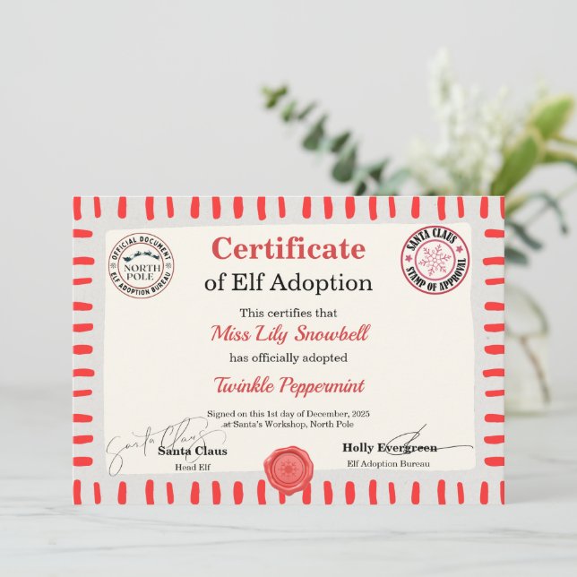 Invitation Official North Pole Elf Adoption Certificate  (Debout devant)