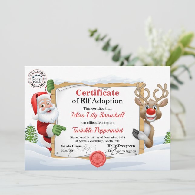 Invitation Official North Pole Elf Adoption Certificate  (Debout devant)