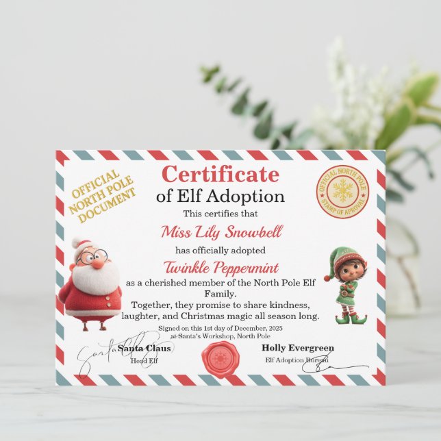 Invitation Official North Pole Elf Adoption Certificate  (Debout devant)