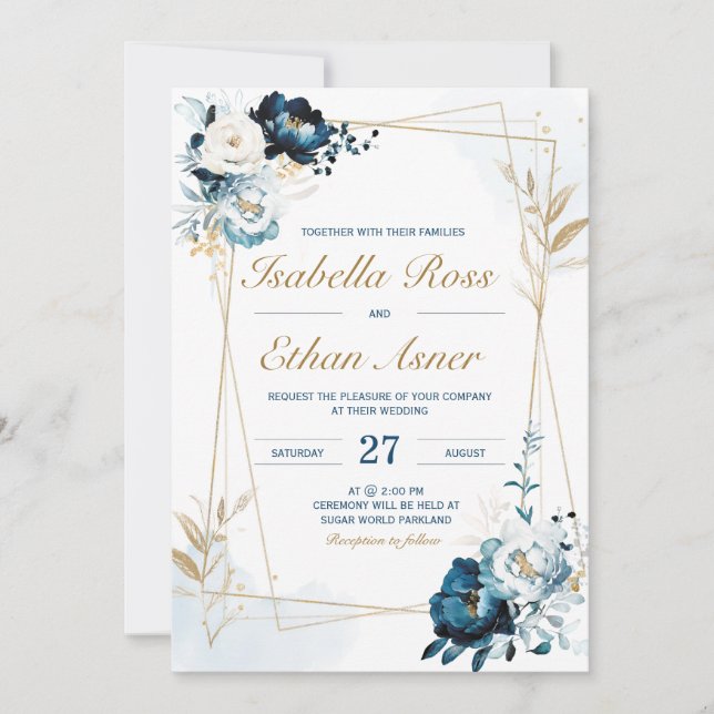 Invitation Offre personnalisée de Mariage bleu et or de la ma (Devant)