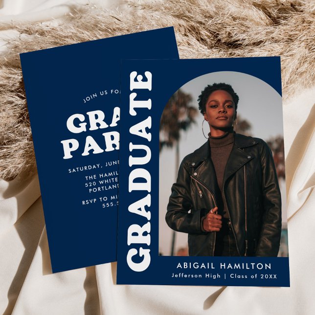 Invitation Offset Arch Navy Blue Photo Graduation Party (Créateur téléchargé)