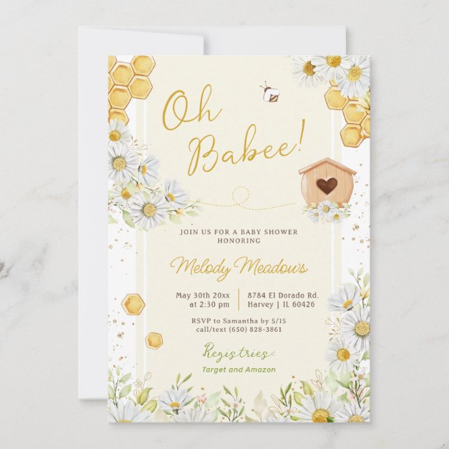 Invitation Oh Babee Bee Baby Girl Boy Fleur sauvage Daisy Dou (Devant)