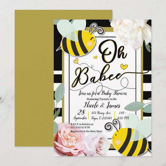 Invitation Oh BaBEE Bee Floral Jaune Baby shower or (Devant / Derrière)