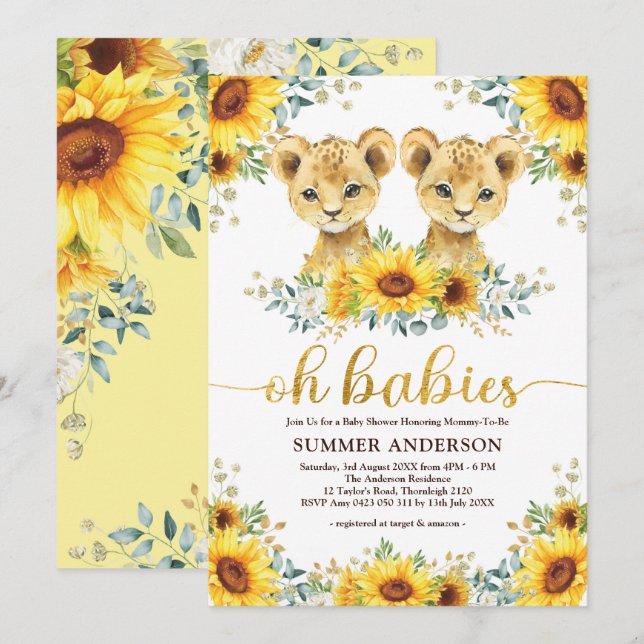 Invitation Oh Babies | Lion Twins Baby shower tournesol (Devant / Derrière)