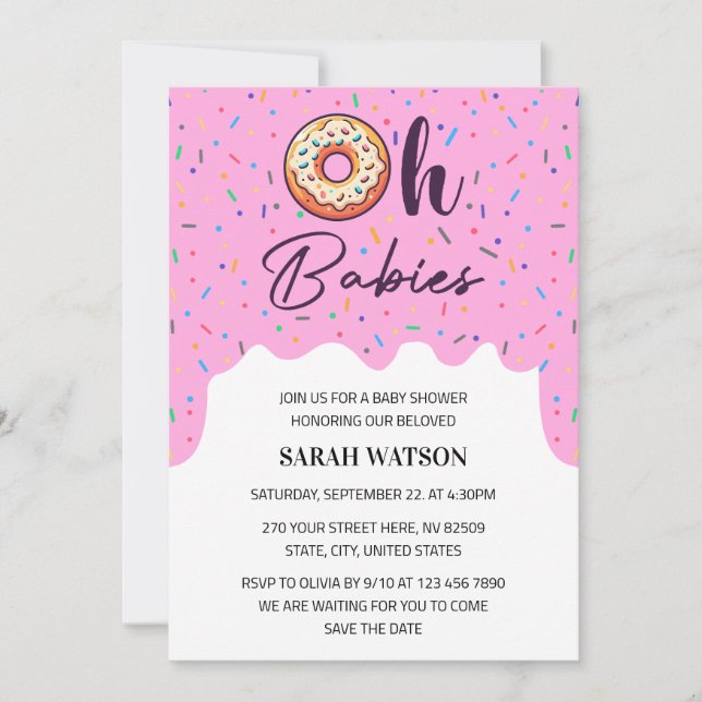 Invitation Oh Babies Saupoudrer Donut Twins Baby Girl Douche (Devant)