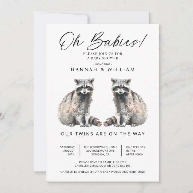 Invitation Oh Babies Twins Aquarelle Raccoons Baby shower (Devant)