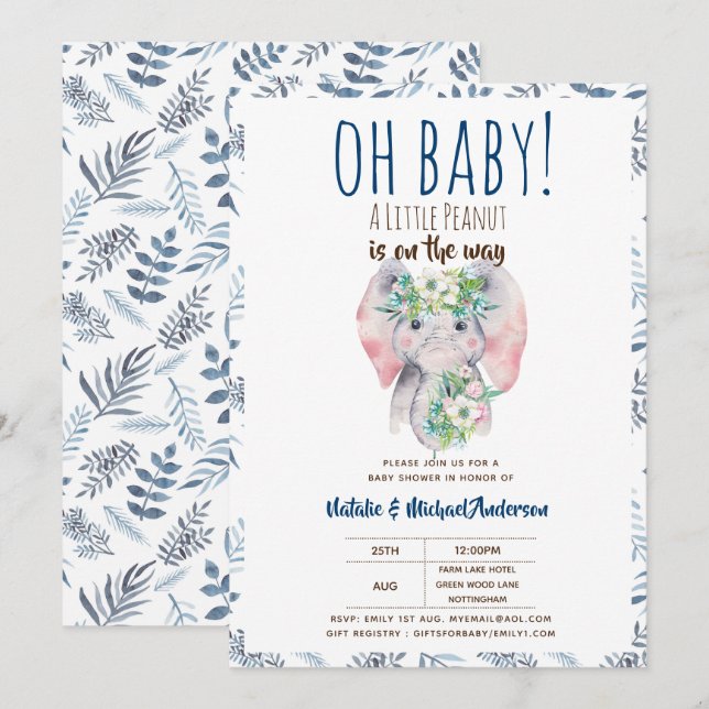 Invitation Oh Baby A Little Peanut Elephant Boho Floral Chic (Devant / Derrière)