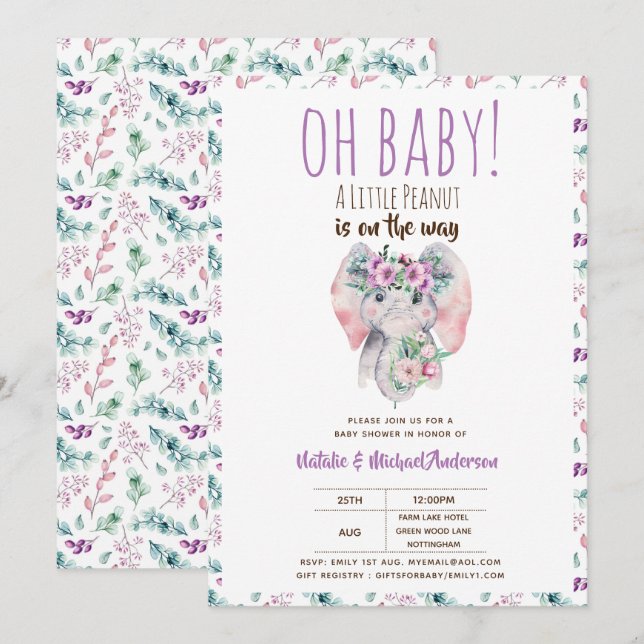 Invitation Oh Baby A Little Peanut Elephant Boho Floral Chic (Devant / Derrière)