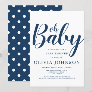 Invitation Oh Baby - Baby shower à points bleu marine Polka