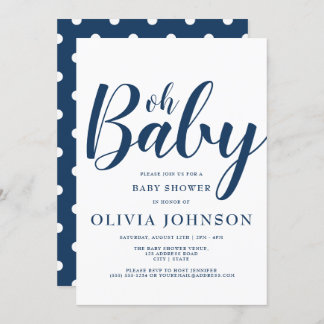 Invitation Oh Baby - Baby shower à points bleu marine Polka