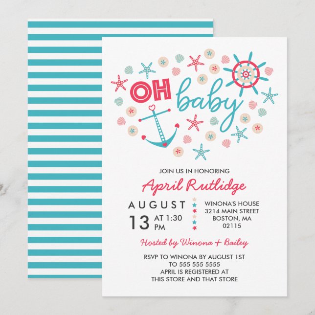 Invitation Oh Baby Baby shower bleu et rouge nautique (Devant / Derrière)
