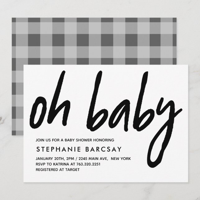 Invitation Oh Baby Baby shower moderne Gris En vichy (Devant / Derrière)