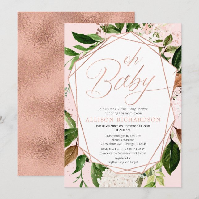 Invitation Oh Baby Baby shower virtuel fille rose or vert (Devant / Derrière)
