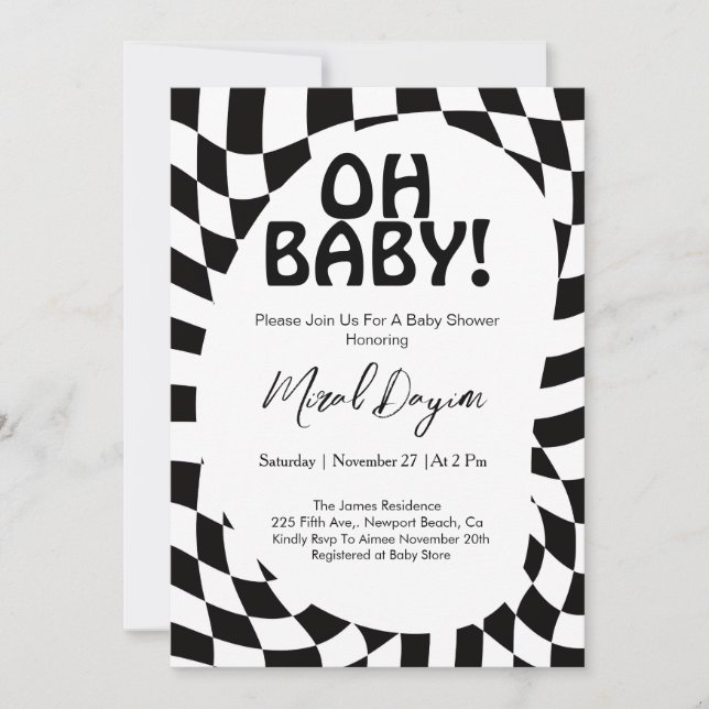 Invitation Oh Baby! Black Checkered Modern Baby Shower  (Devant)