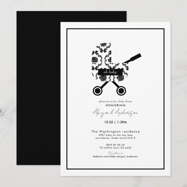 Invitation Oh Baby Black Damask Pram Baby shower (Devant / Derrière)