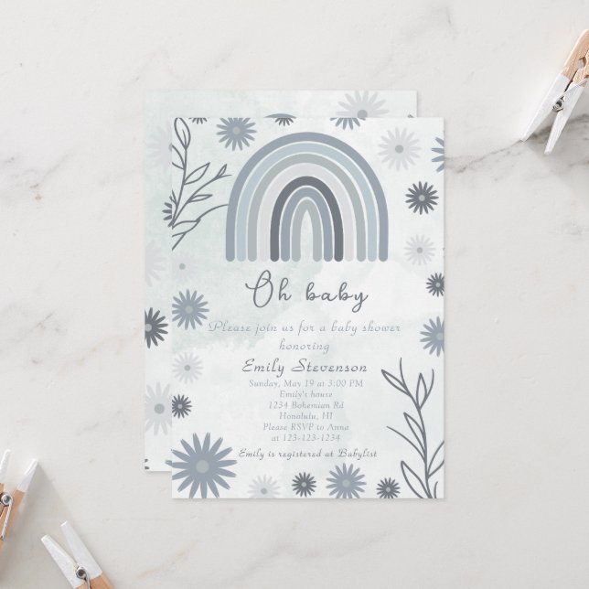 Invitation Oh Baby Blue Boho Baby shower Floral (Devant/Arrière en situation)