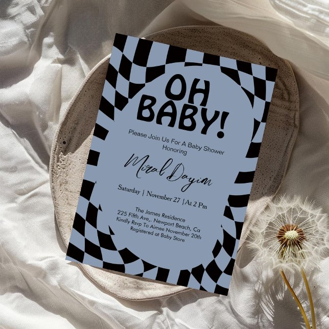 Invitation Oh Baby! Blue Checkered Modern Baby Shower  (Créateur téléchargé)