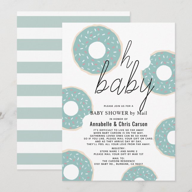 Invitation Oh Baby Blue Donut Baby shower garçon par courrier (Devant / Derrière)
