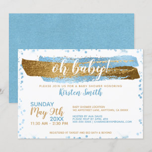 Invitation Oh Baby Blue Gold Simple Elegant Boy Baby shower