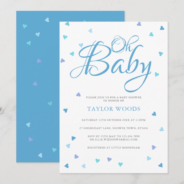 Invitation Oh Baby Blue Love Hearts Baby shower / Saupoudrer (Devant / Derrière)