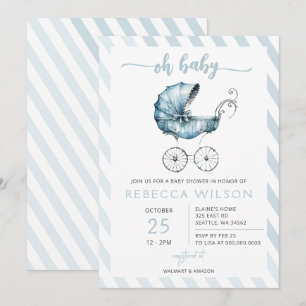 Invitation Oh Baby Blue Stroller Pram Baby shower garçon