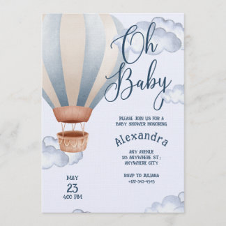 Invitation Oh Baby Blue Watercolor Air Balloon Baby Shower  