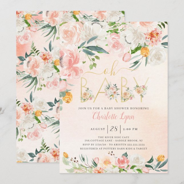 Invitation Oh Baby Blush Baby shower Floral Rose or (Devant / Derrière)