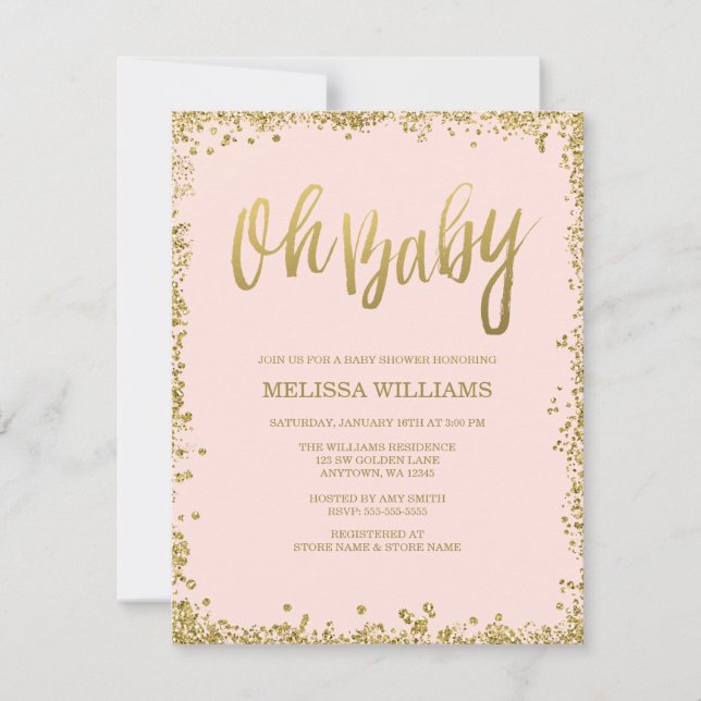 Invitation Oh Baby Blush Pink Gold Parties scintillant Baby s (Devant)