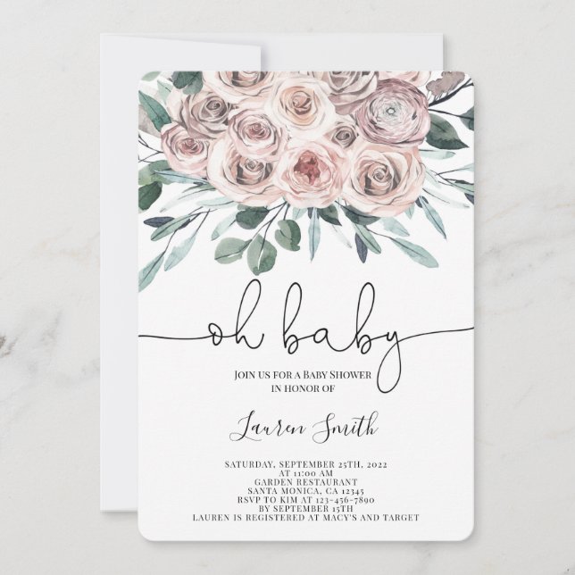 Invitation Oh Baby boho chic rose floral fille Baby shower (Devant)
