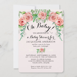 Invitation Oh Baby BOHO Shower Girl Pink Rose Floral Script 