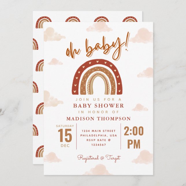 Invitation Oh Baby Boho Terracotta Rainbow Clouds Baby shower (Devant / Derrière)