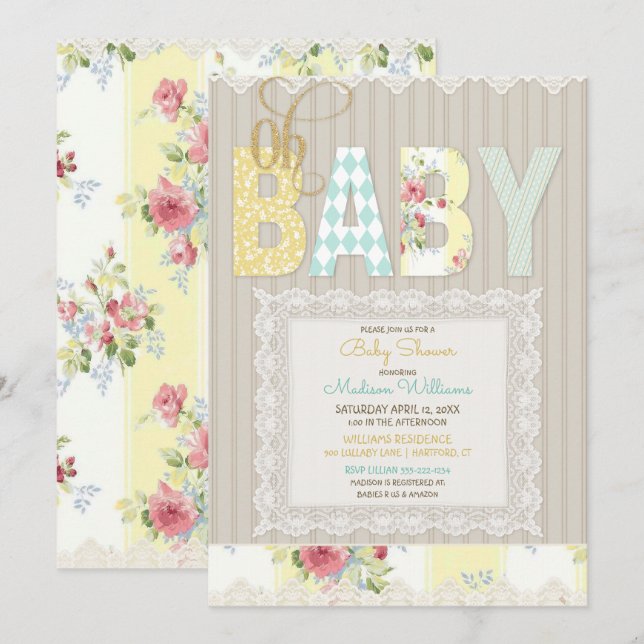 Invitation Oh Baby Bois Rustique Dentelle Jaune Unisexe (Devant / Derrière)