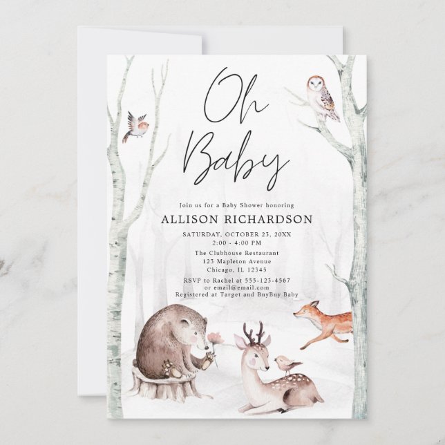 Invitation Oh Baby boisé animaux sexe neutre douche (Devant)