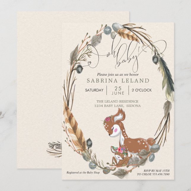 Invitation Oh Baby Botanical Deer and Fawn Baby shower (Devant / Derrière)
