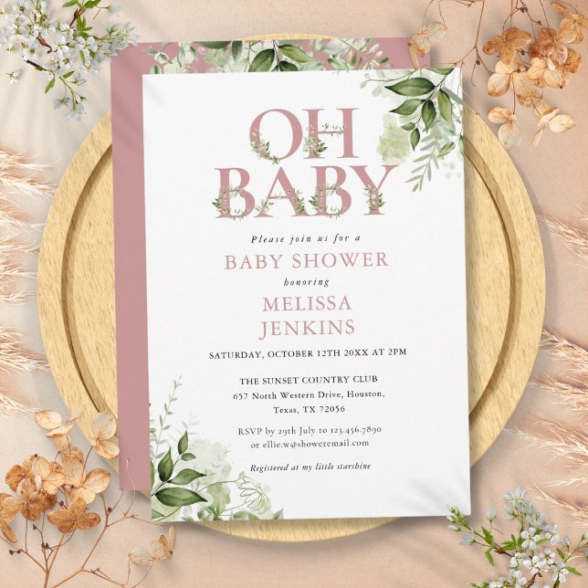 Invitation Oh Baby Botanical Greenery Dusty Baby shower Rose (Oh Baby Botanical Greenery Dusty Rose Baby Shower Invitation)