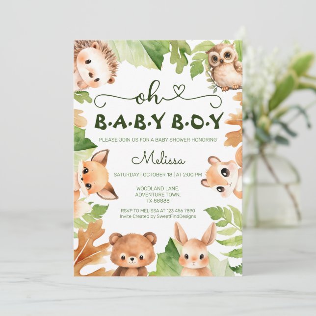 Invitation Oh Baby Boy Baby shower d'animaux de forêt de bois (Debout devant)