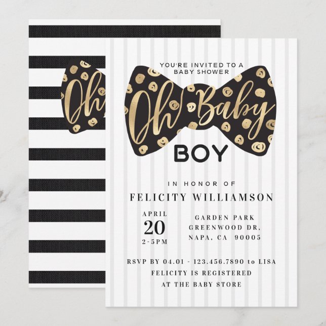 Invitation Oh Baby Boy Black & Gold Bow Cravate Baby shower c (Devant / Derrière)