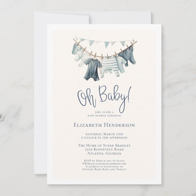 Invitation Oh Baby Boy Clothes sur Baby shower de ligne de vê (Devant)