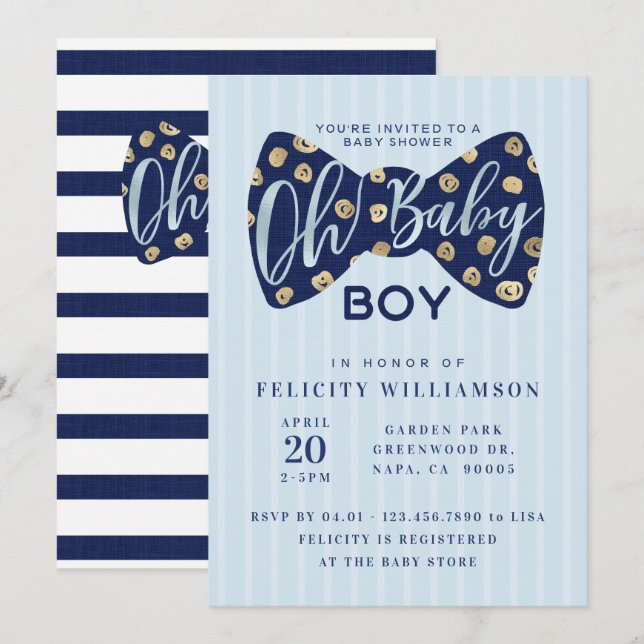 Invitation Oh Baby Boy Navy Bow Cravate Baby shower Invitatio (Devant / Derrière)