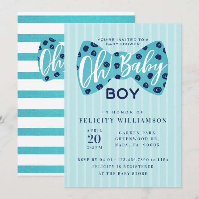 Invitation Oh Baby Boy Navy & Turquoise Bow Cravate douche In (Devant / Derrière)