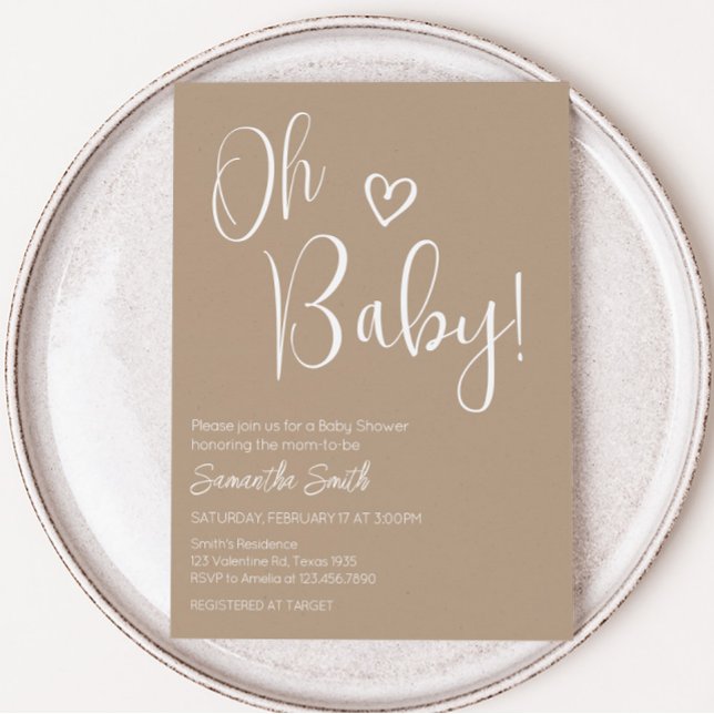 Invitation Oh Baby Brown Baby shower minimaliste (Brown Minimalist Heart Baby Shower Invitation)