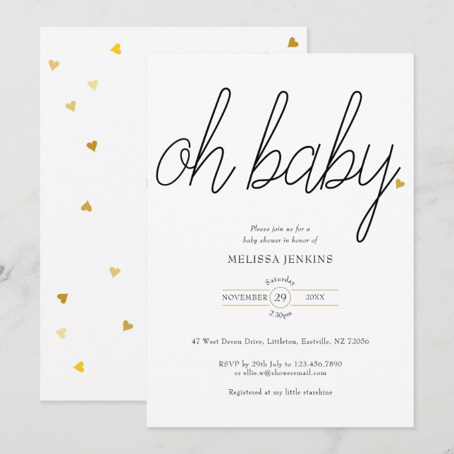 Invitation Oh Baby Chic Script Gold Love Heart Baby shower (Devant / Derrière)