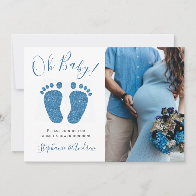 Invitation Oh Baby Couple Photo Baby shower bleu (Devant)