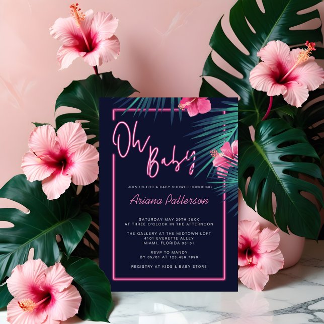 Invitation Oh Baby Electric Neon rose Baby shower tropical (Oh Baby Electric Neon Pink Tropical Baby Shower Invitation)