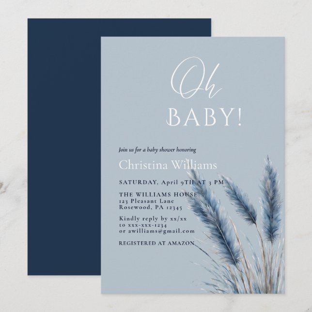 Invitation Oh Baby Elegant Script Baby shower de Pampas Bleu (Devant / Derrière)