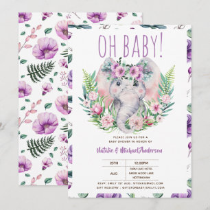 Invitation Oh Baby Elephant avec Fleurs violettes Douche mode