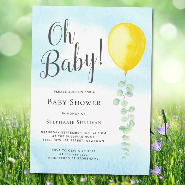 Invitation Oh Baby Eucalyptus Baby shower de ballon jaune (Créateur téléchargé)