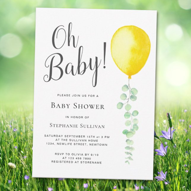 Invitation Oh Baby Eucalyptus Baby shower de ballon jaune (Créateur téléchargé)