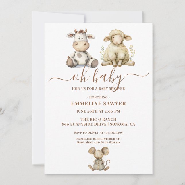 Invitation Oh Baby Farm Animals Baby shower (Devant)