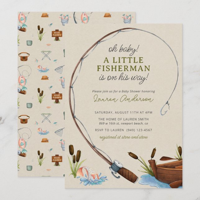 Invitation Oh Baby Fisherman Watercolor Baby shower garçon (Devant / Derrière)